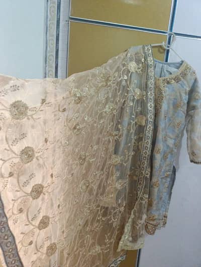 Powerder blue and gold embroidered suit with net dupatta
