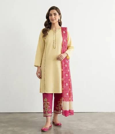 Pakistani Women's Yellow kurta Set with Embroidered Pajama And Scarf