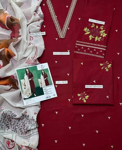 Mehroon Embroidery 3 pcs set with Digital Print