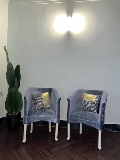 Pair of Modern Velvet Tub Chairs — Charcoal Greyish Blue | Like New