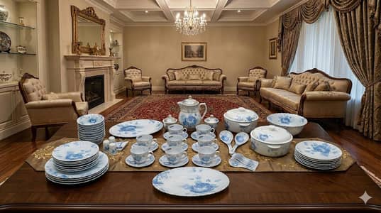 Stylish Blue & White Glass Dinner Set for Sale – Like New