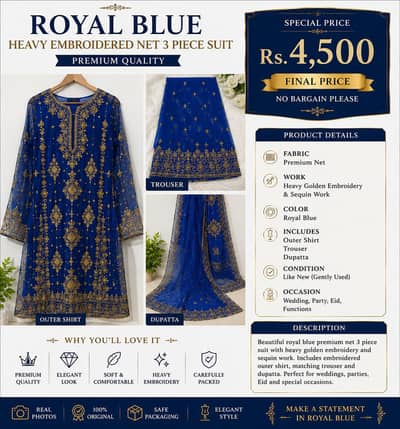 Royal Blue Heavy Embroidered Premium Net 3 piece suit