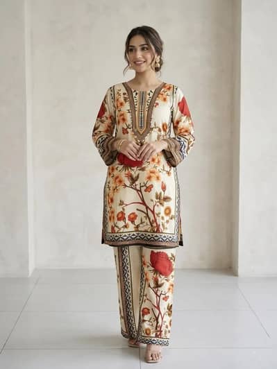 Pakistani Printed Kurta Pajama Set with Embroidered Details | Stylish