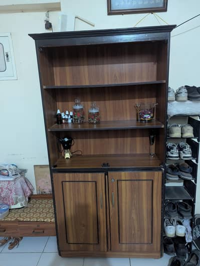 wooden showcase, shelfs
