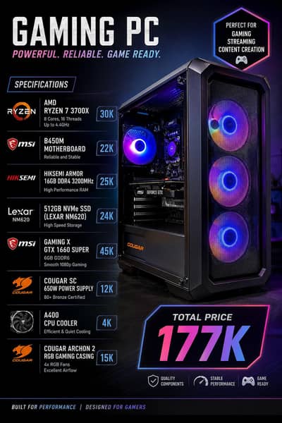 Gaming PC Ryzen 7 3700x Gtx 1660 Super 16GB Ram 512 GB NVMe