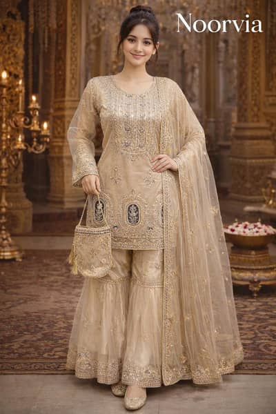 Noorvia Luxury Embroidered Party Wear – Golden Dress