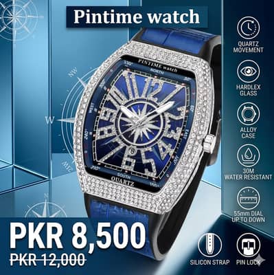 Premium Pintime Diamond Quartz Watch – Bold Blue & Iced Out Luxury