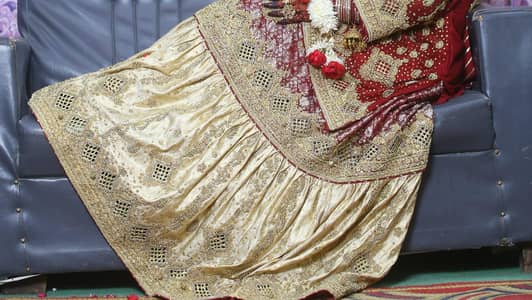mheroom golden bridal lehenga