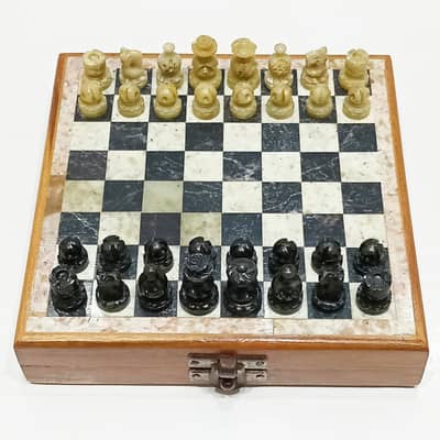 Vintage Hand-Carved Mini Soapstone and Marble Chess Set
