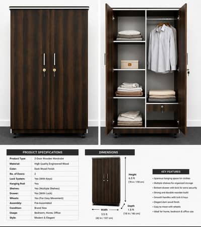2-Door Wooden Wardrobe With Shelves & Drawer