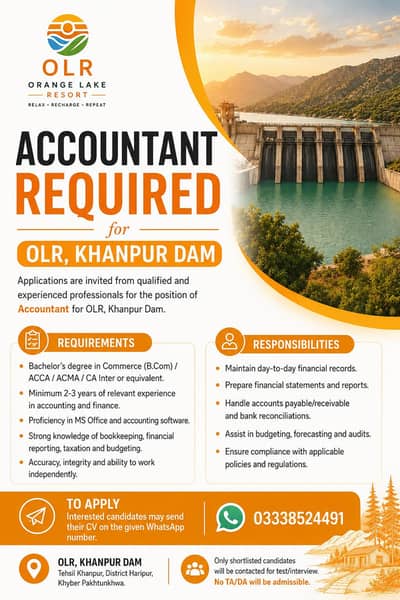 ACCOUNTANT required at Orange Lake Resort, Khanpur Dam