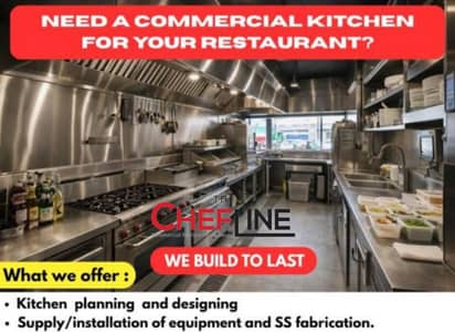Fryer, Hot plate,  Exhaust hood,  ducting, Table, pizza oven
