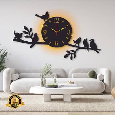 Modern Bird Wall Clock with Backlight Black Gold