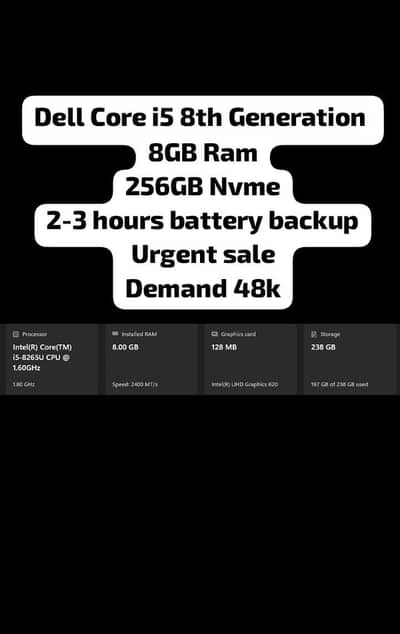 Dell Core i5 8th Generation 8GB Ram 256GB Nvme