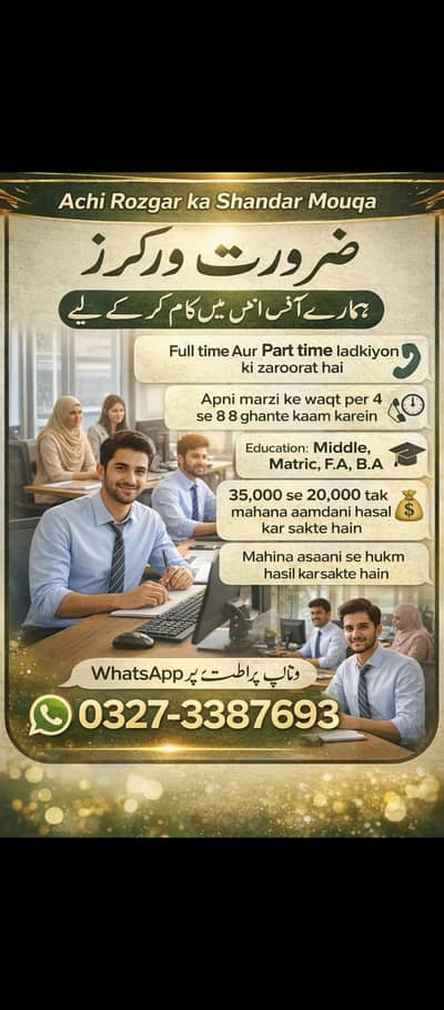 ya office work ha jis ko job ki need ha wo rabta karq