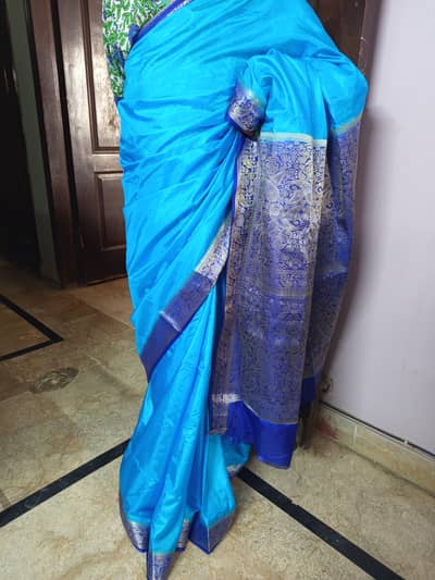 Peacock blue silk saree
