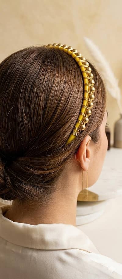 Handmade Yellow Silk Thread Hairband with Golden Beads