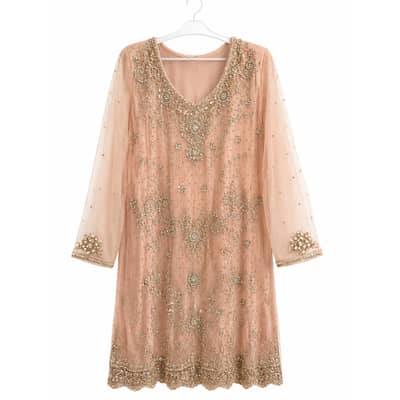 3 piece Peach Net Fancy dress with heavy beads and sequence work
