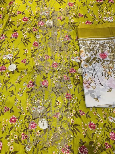 3pc lawn | Sequins Embroidery Shirt | Printed Trouser |chiffon Dupatta