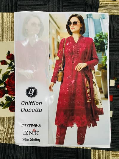 3Pc Lawn | Sequins Embroidery shirt | Trouser and chiffon dupatta