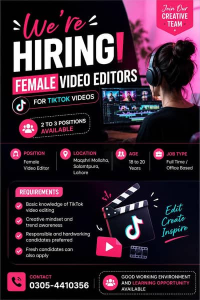 Female video editors required for TikTok videos jobs in Lahore