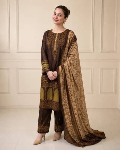Premium Brown Embroidered Lawn 3PC Suit
