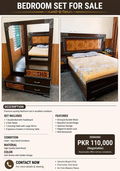 Luxury Wooden Bedroom Set – Double Bed with Dressing Table