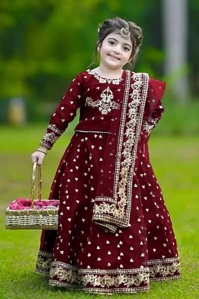 Kids 3Pcs Embroidered Maroon Lehenga Set