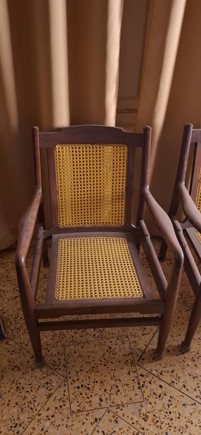 Pure Wooden Cane Arm Chair 6 + 1 Glass Table