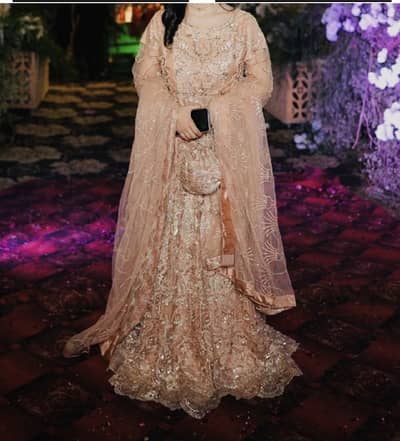 Maryam n maria pink peach stone work maxi with hand potli