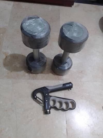Pair of 2 kg Dumbbells and a hand gripper.