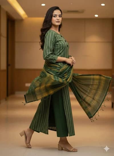 Elegant Green Striped 3 Piece Stitched Suit for Women