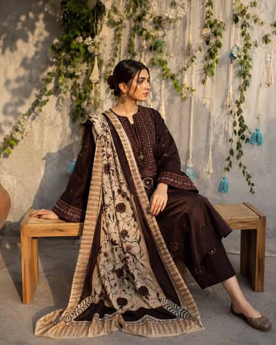 Premium 3pc Unstitched Embroidered Lawn Suit - Deep Brown