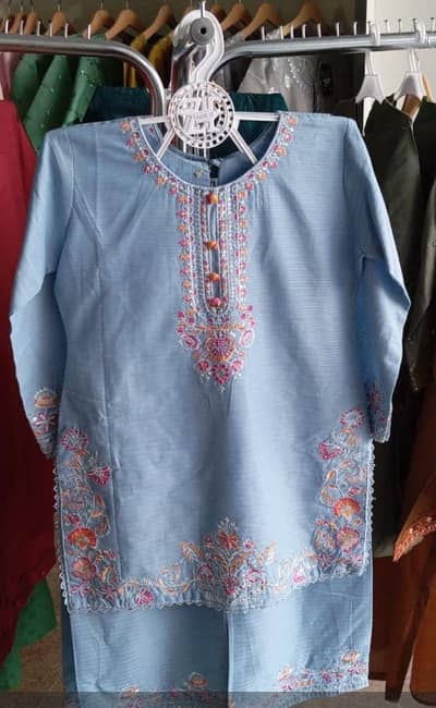 Sky Blue Embroidered Women Suit Stylish 2 Piece Kurti Set