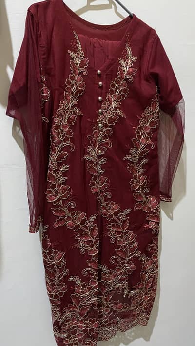 Burgundy Slub Silk Floral Embroidered 3 piece dress