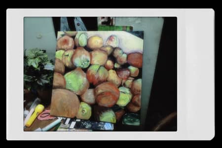 still life painting of peaches  on canvas