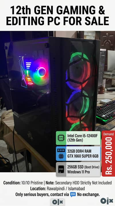 12th Gen Gaming & Video Editing PC for Sale (i5 12400F, 32GB RAM, GTX