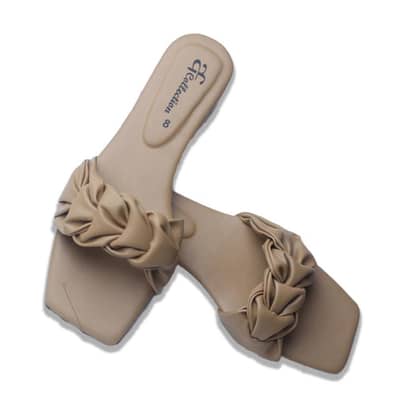 Women's beige rexine bow slippers flat square heel