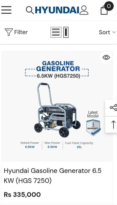6.5 kw hyundai portable self start Generator Model: HGS7250 for sale