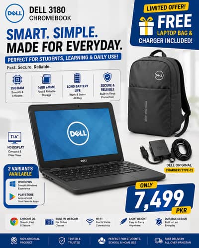 Dell Chromebook with original charger and free bag Only in 7500
