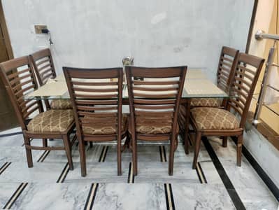 6 Seater Wooden Dining Table Set with Glass Top - Good Condition