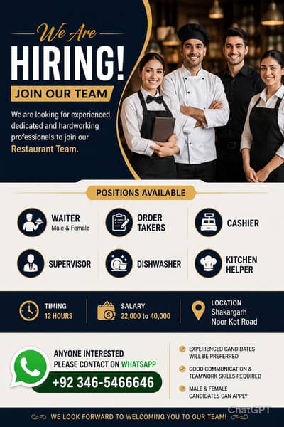 Restaurant Staff Required – Waiters, Cashier, Supervisor-Shakargarh