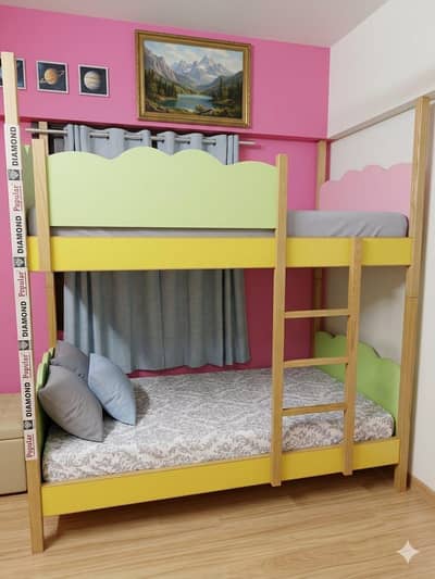 Wooden kids room colorful double bed/bunk bed with cupboard