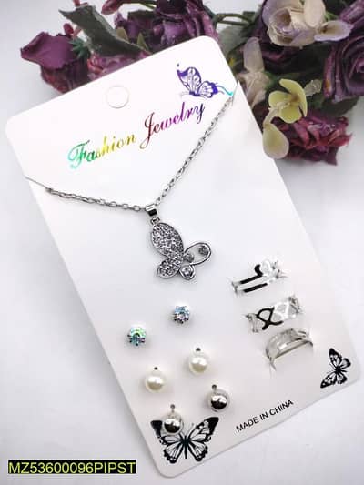 Modern butterfly pendent set with three rings and three earings