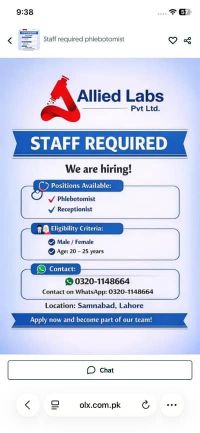 Required:Phlebotomist male/female