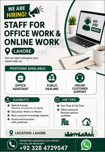 Office & Online Work Jobs Available – Male/Female (Lahore)