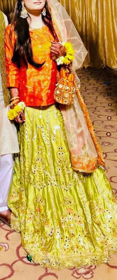 Orange & Lime Green mendhi Lengha choli set with potli bag and jewelry