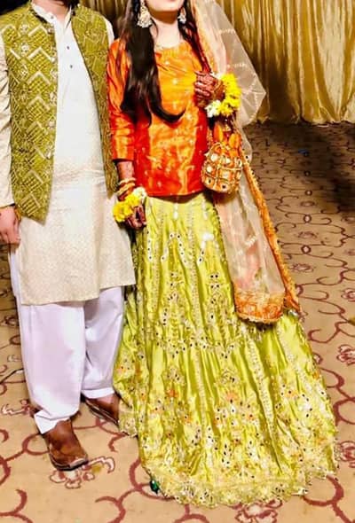 Orange & Lime Green mendhi Lengha choli set with potli bag and jewelry