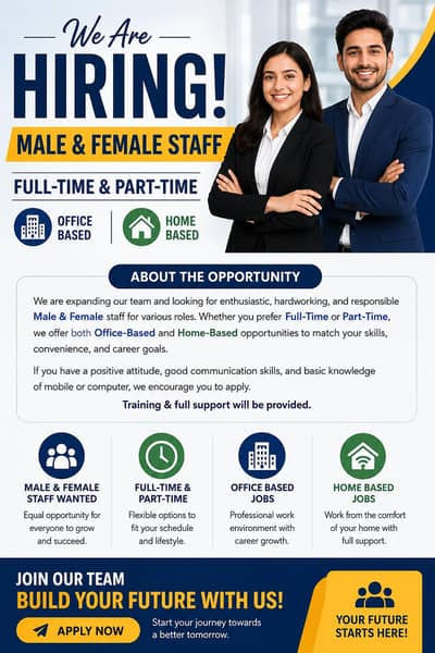 Hiring male female staff full time part time office base home base