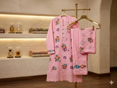 : Beautiful Stitched Light Pink 3-Piece Ladies Suit